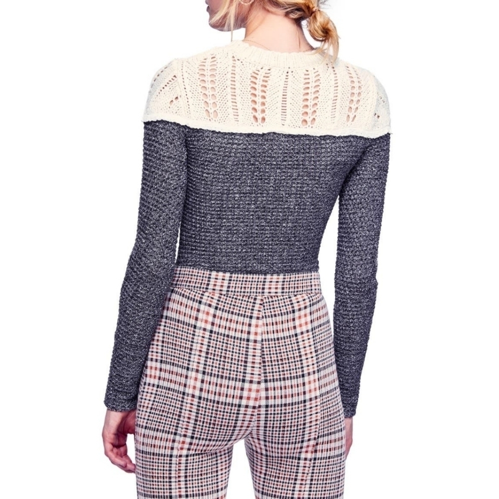 Free People Grey & White Crochet Lace Neck Knit Sweater - Picture 2 of 6